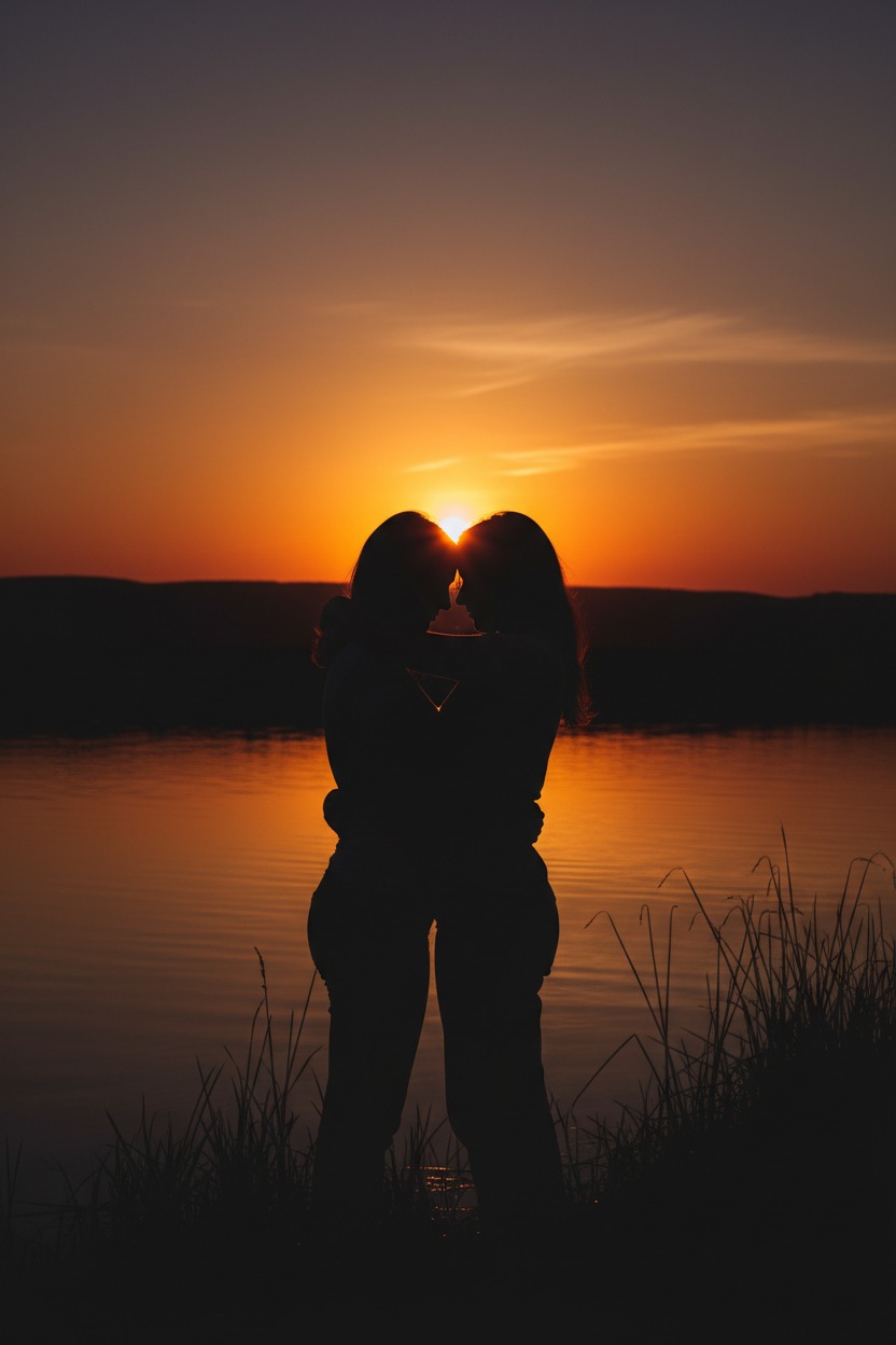 Two women in silhouette embrace by a lake at sunset, with the sun positioned right between their heads.